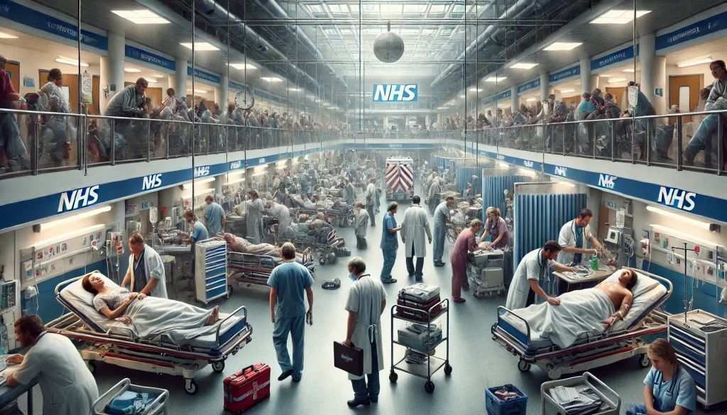 A-detailed-digital-painting-of-an-overstretched-NHS-UK-hospital.-The-scene-is-chaotic-with-overcrowded-hallways-patients-on-stretchers-and-overwork.webp
