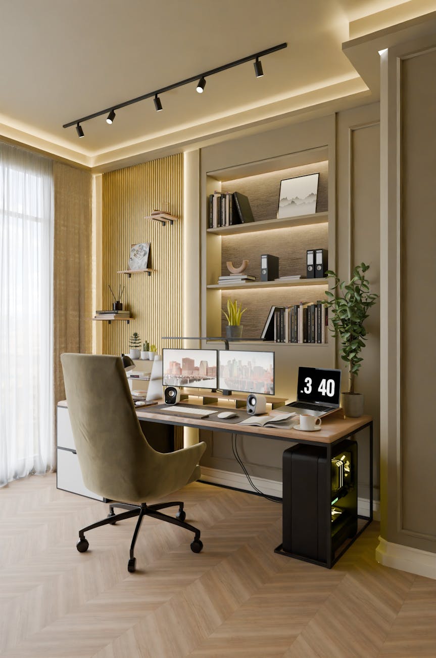 minimalist home office setup with dual monitors